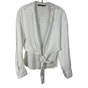 Zara White Breathable Lightweight Tie Front Long Sleeve Casual Shirt Medium M
